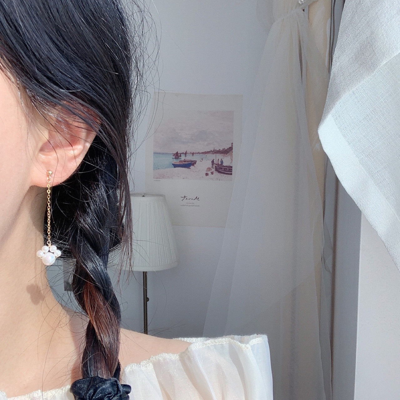 Wholesale Long Tassel Cat Claw 14k Gold Pearl Pendant Earrings